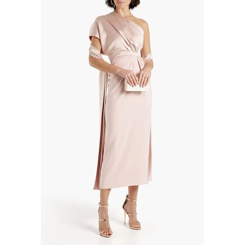 Rhea Costa Blush Pink One-Shoulder Satin Midi Dress with Wrap Shawl Elegant Form